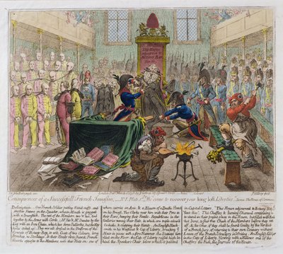Folgen einer erfolgreichen französischen Invasion, oder Wir kommen, um Ihre lange verlorenen Freiheiten wiederherzustellen, 1798 (handkolorierte Radierung) von James Gillray